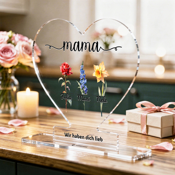 Blumen für Mama mit bis zu 10 Namen und Text Geschenk zum Muttertag - Personalisiertes Acrylglas