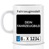 Auto Kennzeichen KFZ mit Fahrzeugbild Geschenk für Autoliebhaber - Personalisierte Tasse