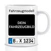 Auto Kennzeichen KFZ mit Fahrzeugbild Geschenk für Autoliebhaber - Personalisierte Tasse