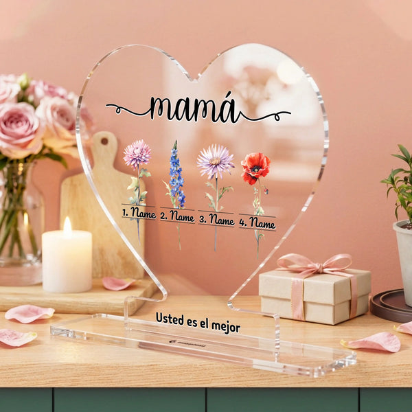 Flores para mamá con hasta 10 nombres y texto - Regalo para el Día de la Madre - Cristal acrílico personalizado