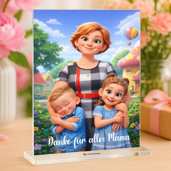 Cartoon-look med eget foto, navn og tekst - personligt akrylglas