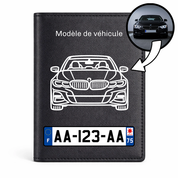 Étui pour carte grise personnalisé, avec la plaque d'immatriculation et une photo de votre propre voiture.