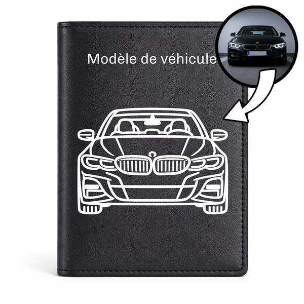 Étui pour carte grise personnalisé, orné d'une illustration au trait de votre propre voiture.